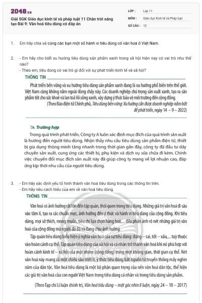 Giải SGK Giáo dục kinh tế và pháp luật 11 Chân trời sáng tạo Bài 9: Văn hoá tiêu dùng có đáp án
