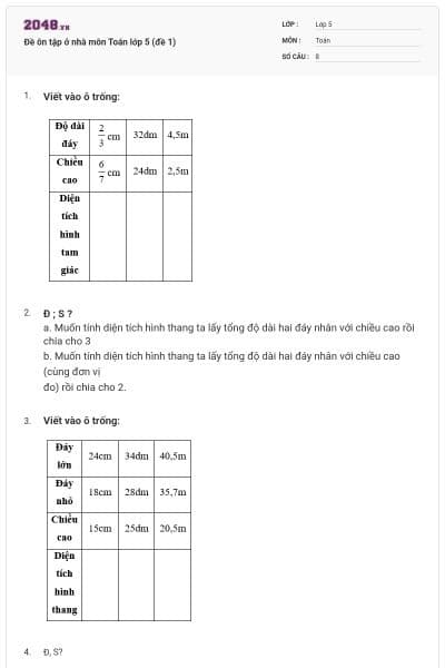 Đề ôn tập ở nhà môn Toán lớp 5 (đề 1)