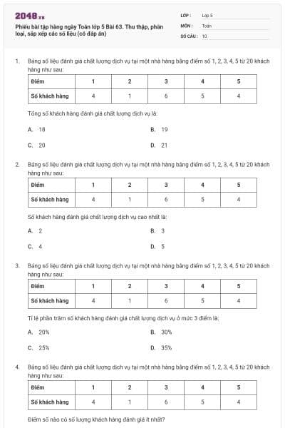 Phiếu bài tập hàng ngày Toán lớp 5 Bài 63. Thu thập, phân loại, sắp xếp các số liệu (có đáp án)