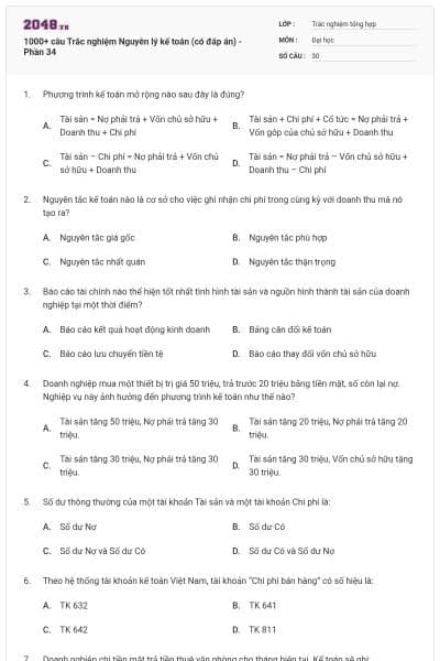 1000+ câu Trắc nghiệm Nguyên lý kế toán (có đáp án) - Phần 34