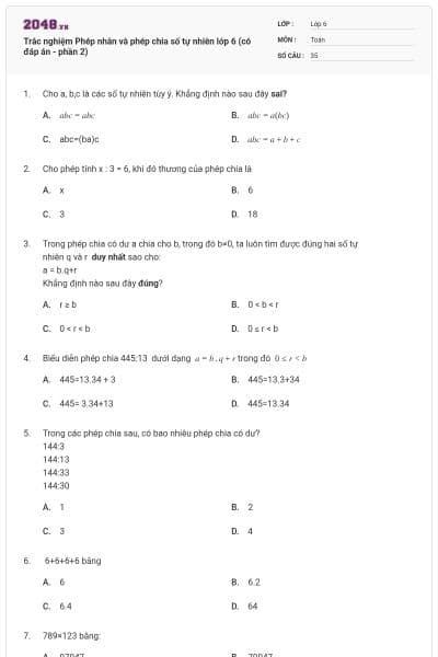 Trắc nghiệm Phép nhân và phép chia số tự nhiên lớp 6 (có đáp án - phần 2)