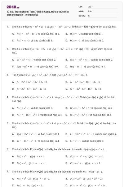 17 câu Trắc nghiệm Toán 7 Bài 8: Cộng, trừ đa thức một biến có đáp án (Thông hiểu)