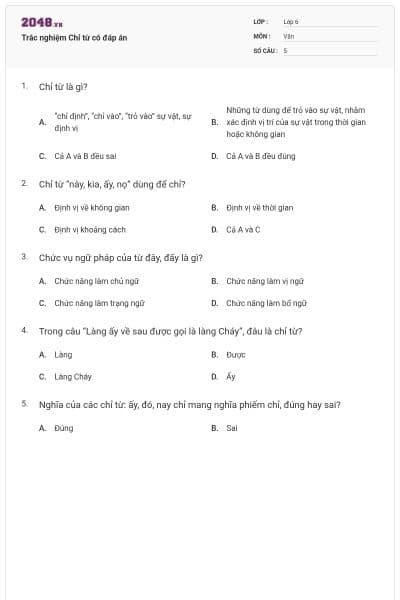 Trắc nghiệm Chỉ từ có đáp án