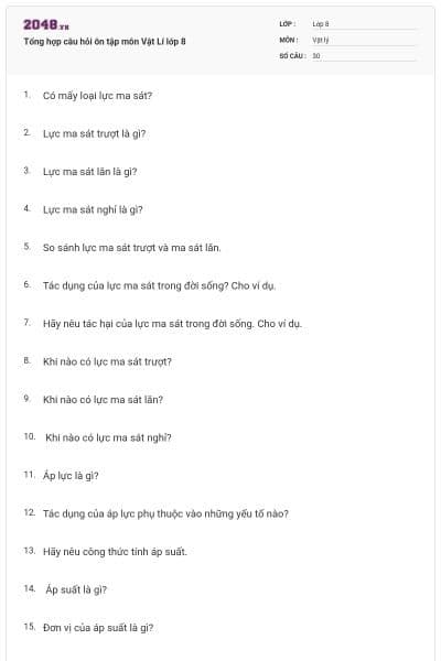 Tổng hợp câu hỏi ôn tập môn Vật Lí lớp 8