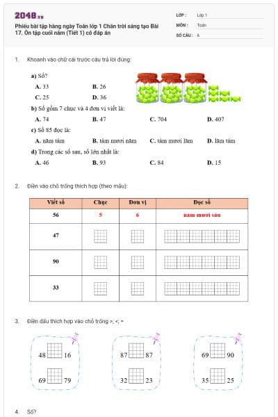 Phiếu bài tập hàng ngày Toán lớp 1 Chân trời sáng tạo Bài 17. Ôn tập cuối năm (Tiết 1) có đáp án