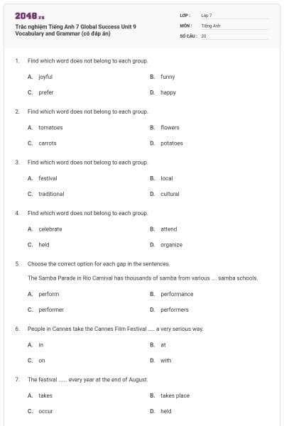 Trắc nghiệm Tiếng Anh 7 Global Success Unit 9 Vocabulary and Grammar (có đáp án)