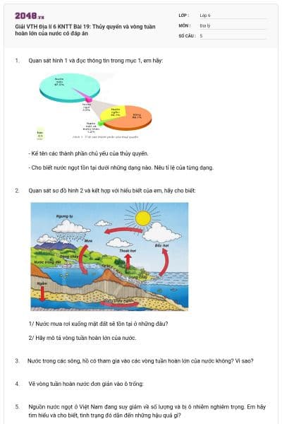 Giải VTH Địa lí 6 KNTT Bài 19: Thủy quyển và vòng tuần hoàn lớn của nước có đáp án