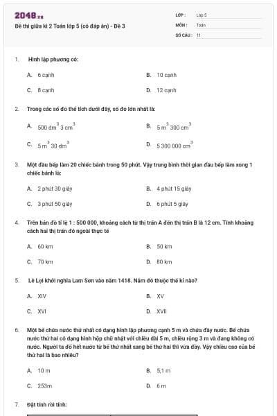 Đề thi giữa kì 2 Toán lớp 5 (có đáp án) - Đề 3