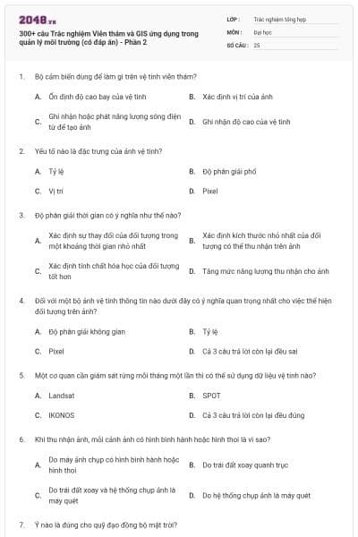 300+ câu Trắc nghiệm Viễn thám và GIS ứng dụng trong quản lý môi trường (có đáp án) - Phần 2