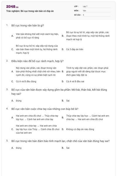 Trắc nghiệm: Bố cục trong văn bản có đáp án
