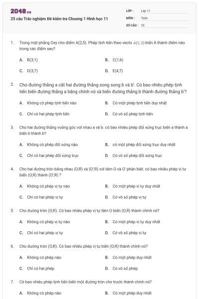 25 câu Trắc nghiệm Đề kiểm tra Chương 1 Hình học 11