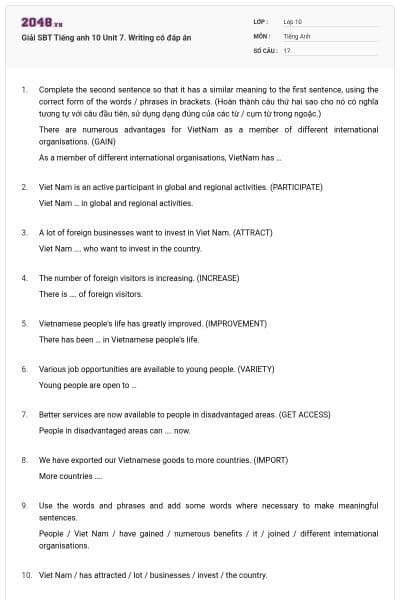 Giải SBT Tiếng anh 10 Unit 7. Writing có đáp án
