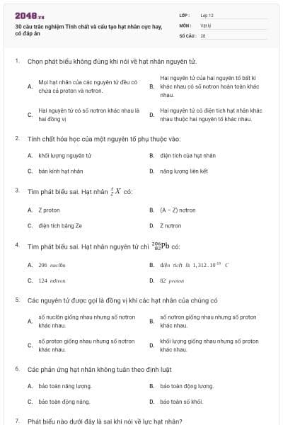 30 câu trắc nghiệm Tính chất và cấu tạo hạt nhân cực hay, có đáp án