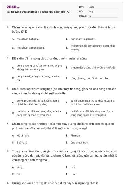 Bài tập Sóng ánh sáng mức độ thông hiểu có lời giải (P2)