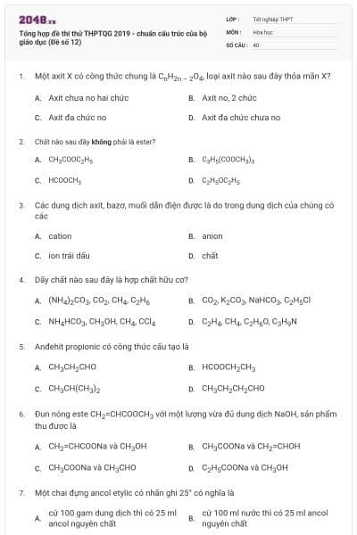 Tổng hợp đề thi thử THPTQG 2019 - chuẩn cấu trúc của bộ giáo dục (Đề số 12)