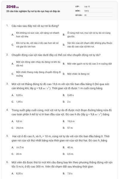 20 câu trắc nghiệm Sự rơi tự do cực hay có đáp án