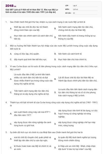 Giải SBT Lịch sử 9 Kết nối tri thức Bài 12. Khu vực Mỹ La-tinh và châu Á từ năm 1945 đến năm 1991 (có đáp án)