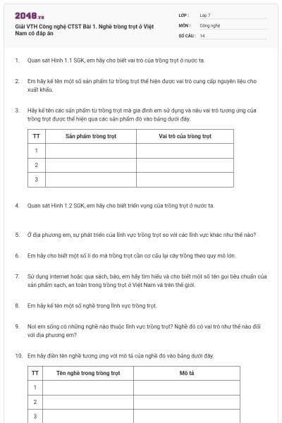 Giải VTH Công nghệ CTST Bài 1. Nghề trồng trọt ở Việt Nam có đáp án