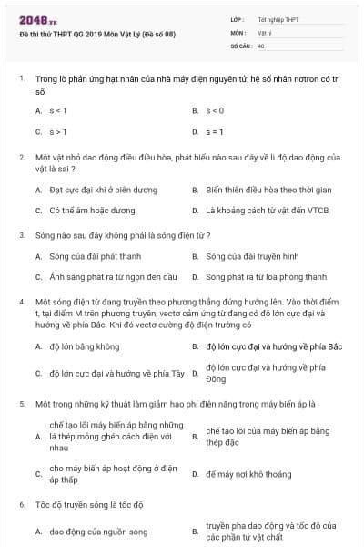 Đề thi thử THPT QG 2019 Môn Vật Lý (Đề số 08)