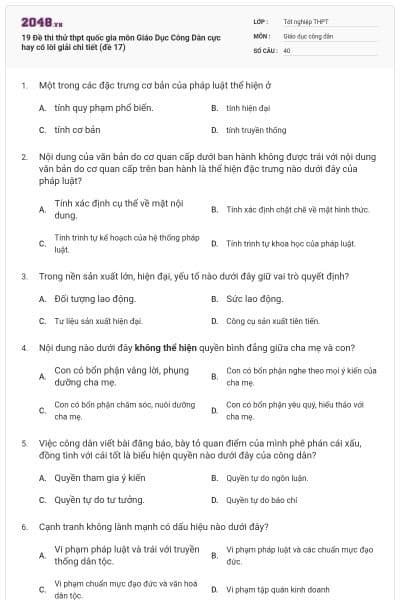 19 Đề thi thử thpt quốc gia môn Giáo Dục Công Dân cực hay có lời giải chi tiết (đề 17)