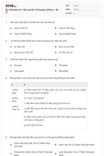 Bộ 4  Đề kiểm tra 1 tiết Lịch Sử 10 Chương 2 (Phần 2 - Đề 2)