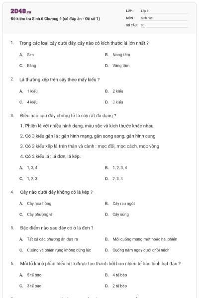 Đề kiểm tra Sinh 6 Chương 4 (có đáp án - Đề số 1)