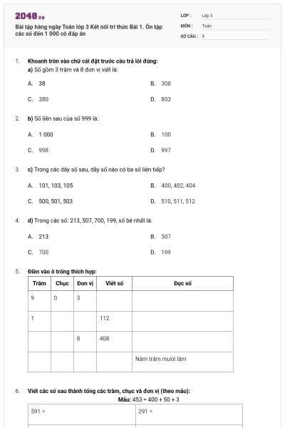 Bài tập hàng ngày Toán lớp 3 Kết nối tri thức Bài 1. Ôn tập các số đến 1 000 có đáp án