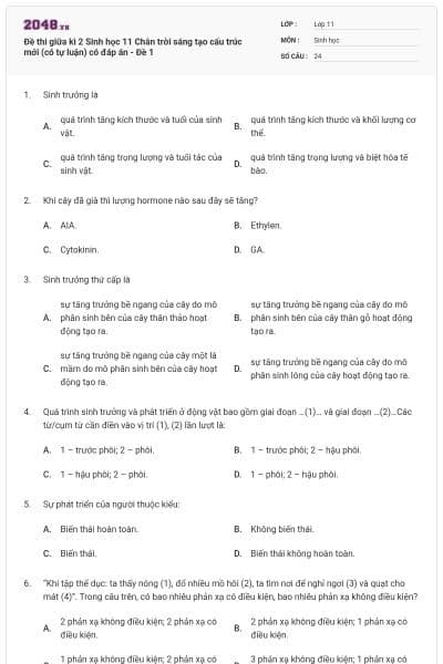 Đề thi giữa kì 2 Sinh học 11 Chân trời sáng tạo cấu trúc mới (có tự luận) có đáp án - Đề 1