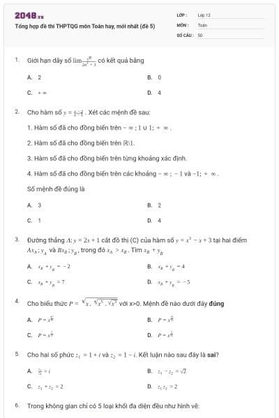 Tổng hợp đề thi THPTQG môn Toán hay, mới nhất (đề 5)