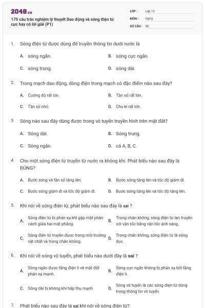 175 câu trắc nghiệm lý thuyết Dao động và sóng điện từ cực hay có lời giải (P1)