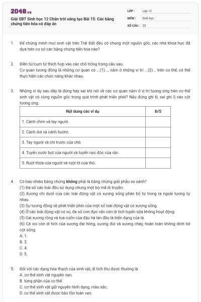 Giải SBT Sinh học 12 Chân trời sáng tạo Bài 15: Các bằng chứng tiến hóa có đáp án