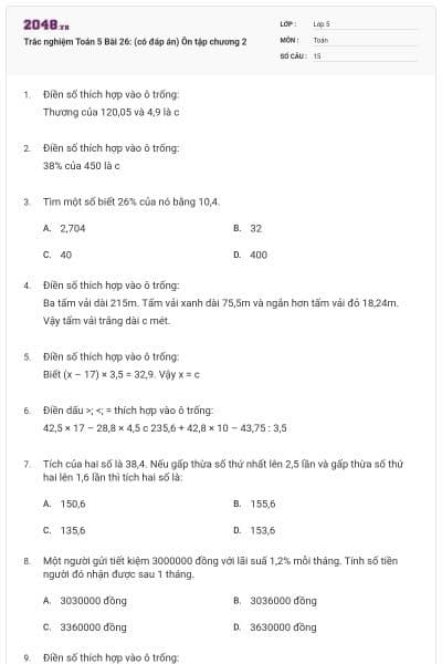 Trắc nghiệm Toán 5 Bài 26: (có đáp án) Ôn tập chương 2