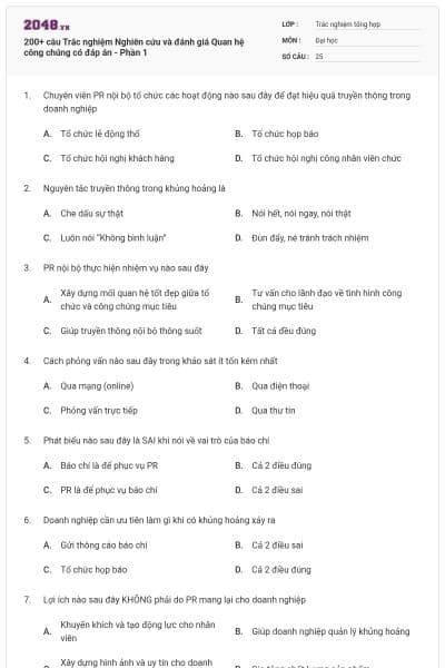 200+ câu Trắc nghiệm Nghiên cứu và đánh giá Quan hệ công chúng có đáp án - Phần 1