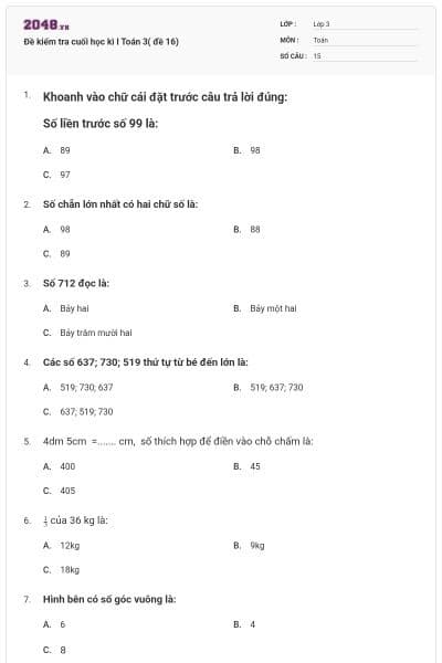 Đề kiểm tra cuối học kì I Toán 3( đề 16)