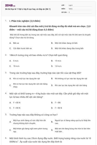 Đề thi Học kì 1 Vật Lí lớp 8 cực hay, có đáp án (Đề 1)