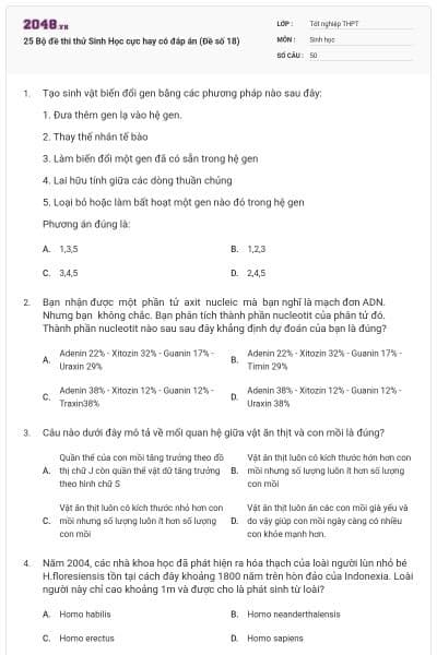 25 Bộ đề thi thử Sinh Học cực hay có đáp án (Đề số 18)