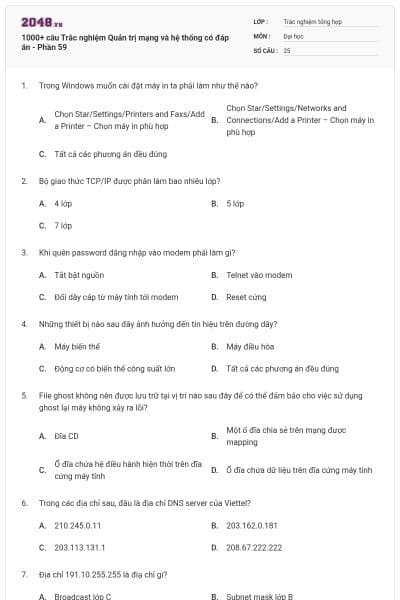 1000+ câu Trắc nghiệm Quản trị mạng và hệ thống có đáp án - Phần 59