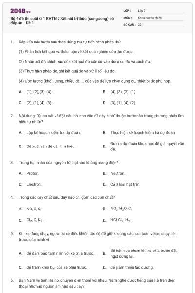 Bộ 4 đề thi cuối kì 1 KHTN 7 Kết nối tri thức (song song) có đáp án - Đề 1