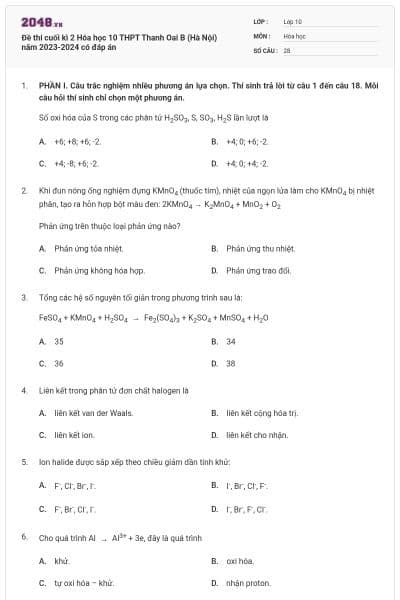 Đề thi cuối kì 2 Hóa học 10 THPT Thanh Oai B (Hà Nội) năm 2023-2024 có đáp án