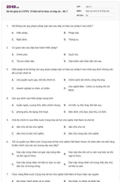 Đề thi giữa kì 2 KTPL 10 Kết nối tri thức có đáp án - Đề 7