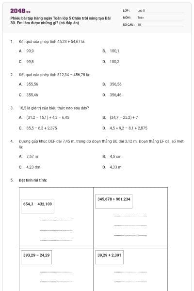 Phiếu bài tập hàng ngày Toán lớp 5 Chân trời sáng tạo Bài 30. Em làm được những gì? (có đáp án)