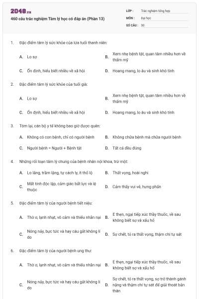 460 câu trắc nghiệm Tâm lý học có đáp án (Phần 13)