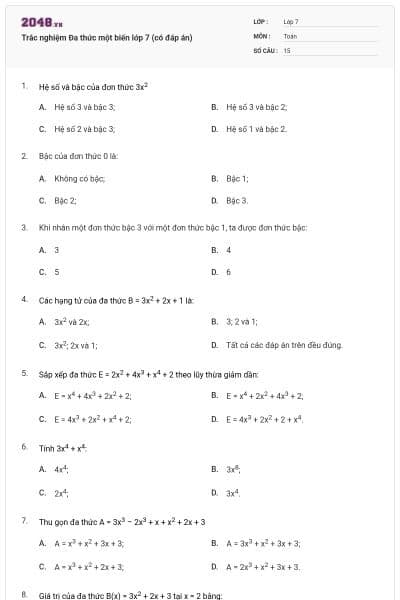 Trắc nghiệm Đa thức một biến lớp 7 (có đáp án)