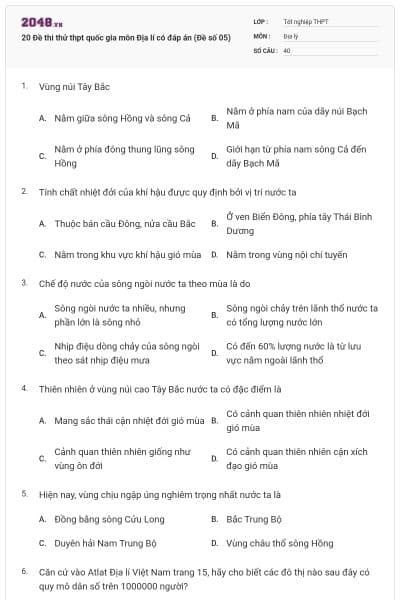 20 Đề thi thử thpt quốc gia môn Địa lí có đáp án (Đề số 05)