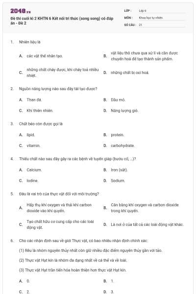 Đề thi cuối kì 2 KHTN 6 Kết nối tri thức (song song) có đáp án - Đề 2