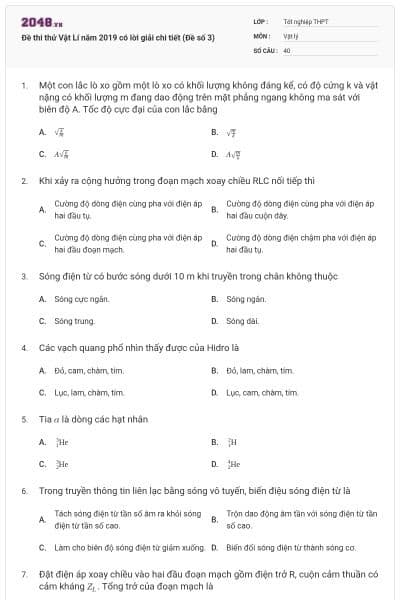 Đề thi thử Vật Lí năm 2019 có lời giải chi tiết (Đề số 3)