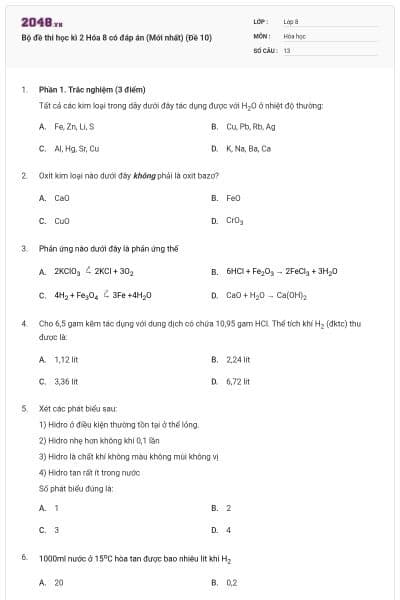 Bộ đề thi học kì 2 Hóa 8 có đáp án (Mới nhất) (Đề 10)