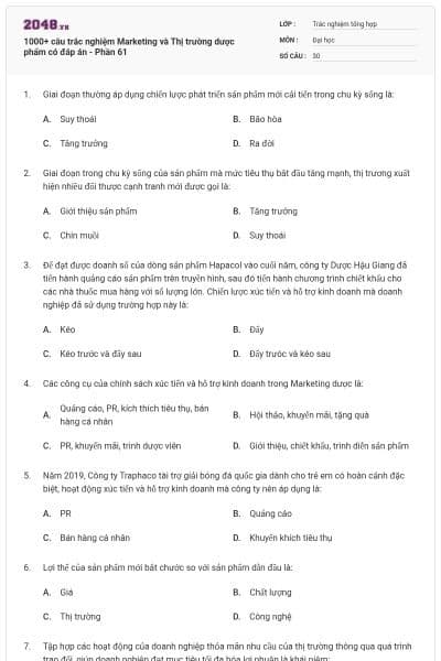 1000+ câu trắc nghiệm Marketing và Thị trường dược phẩm có đáp án - Phần 61