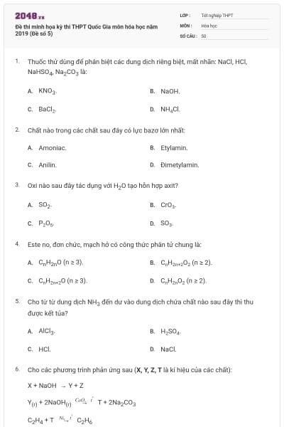 Đề thi minh họa kỳ thi THPT Quốc Gia môn hóa học năm 2019 (Đề số 5)