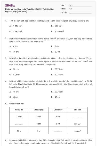 Phiếu bài tập hàng ngày Toán lớp 5 Bài 52. Thể tích hình hộp chữ nhật (có đáp án)